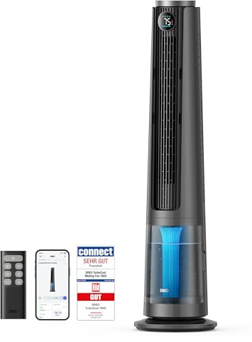 DREO TurboCool Misting Fan 765S, Fans that Blow Cold Air, 10°F Cooling, 34ft/s Fast Evaporative Air Cooler, 6L Tank, 20 dB Quiet DC Motor, 90° Tower Fan with 12 Speeds, 4 Modes for Home, Grey