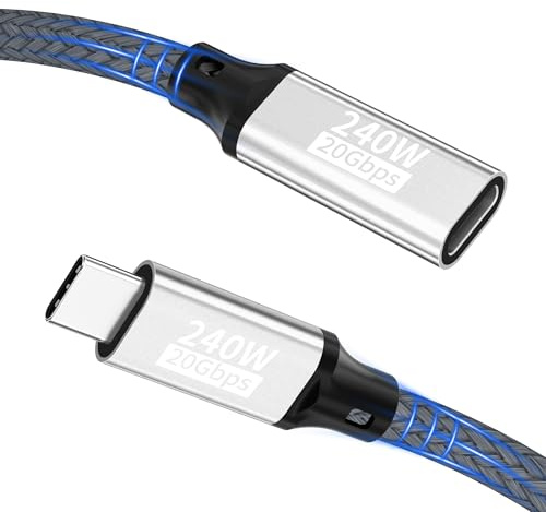 USB C-förlängningskabel, 1,5 m, 20 Gbps/240 W/5K@60 Hz, USB C-förlängning, 3.2,4K@144Hz typ C-kabel hane till hona, kompatibel med iPhone 17/16/Pro/Pro Max/iPhone 15/MacBook Pro/iPad Pro, bildskärm