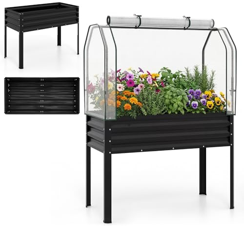 HOMASIS 2 in 1 Fioriera Rialzata da Giardino, Orto Rialzato da Esterno, Serra Copertura in PE con Porta Avvolgibile, Base Rimovibile, Aiuola per Verdure, Frutta e Fiori, 112 x 55 x 152 cm (1, Nero)
