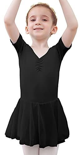 Tancefair Girls Ballet Dress Short/Long Sleeve Ballet Outfit Cotton Dance Leotard with Chiffon Skirt Gymnastics Leotard Black