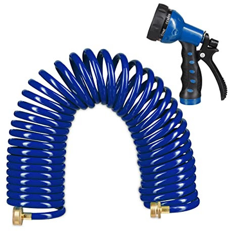 Relaxdays Spiral Hose, with Spray Head, Extends up to 10 m, Flexible Coil Hosepipe, 7 Settings, Patio & Garden, Blue
