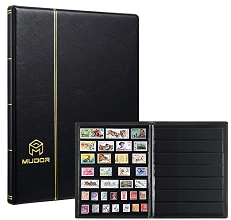 MUDOR Stamp Collecting Album, 7 Rows Pockets Stamp Book for Collectors, 10 Sheets Stamp Stockbook, Black