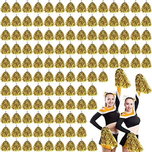 Leyndo 150 Pcs Pompoms Cheerleading Bulk Gold Metallic Foil Pom Poms with Baton Handle Cheerleader Pompoms for Sports Game Squads Dancing Party Football Basketball