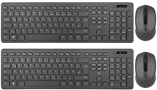 【2-Pack】 Rii Tastatur Maus Set kabellos, Funktastatur mit Maus, Wireless Keyboard and Mouse, Für PC/Laptop/Windows/Smart TV, Deutsches Layout - schwarz
