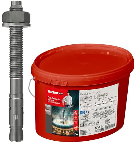 fischer Bolzenanker FAZ II Plus 12/10 R im Eimer, Schwerlastanker mit hoher Tragfähigkeit, 85 Ankerbolzen für Befestigungen schwerer Lasten & Stahlkonstruktionen, Edelstahl, Seismik- & ETA-Zulassung