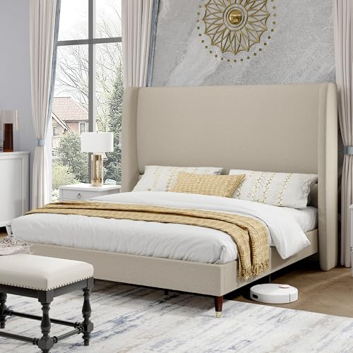 PaPaJet Full Size Bed Frame with 51.2 Wingback Headboard, Soft Linen Upholstered Platform Bed, Solid Wood Legs, No Box Spring Needed, Sturdy & Noise-Free, Easy Assembly, Light Khaki