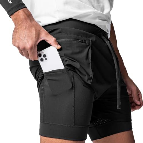 XDSP Pantalón Corto para Hombre Pantalones Cortos de Running para Correr 2 en 1 con Bolsillo para teléfono Entrenamiento Ligeros de Secado rápido Deporte Secado Rápido de Malla con Cordón(Negro L)
