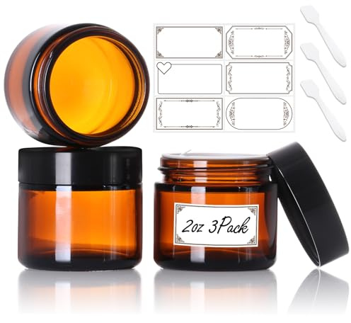3 Pack 2 oz Amber Glass Jars with Lids – Small Cosmetic Containers with Inner Liners, Leak-Proof Travel Jars for Lotions, Scrubs, and Candle Making, Includes Labels & Spatulas