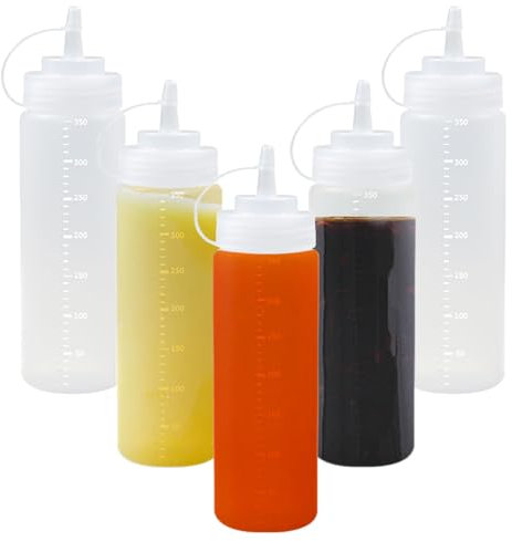 Hshenjhu 5 Stück Squeeze Flasche, 360ml Kunststoff Quetschflasche BPA Frei, Squeeze Condiment Flaschen für Ketchup mit Deckel, Saucenflasche mit Skala für Ketchup, Grill, Saucen, Sirup, Dressings