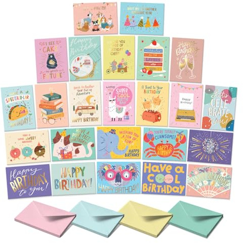 S&O Box of Birthday Cards with Envelopes - Bulk 24 Unique Happy Day Notes - Colorful Birthday Decor Bulk for Office & Home - Assorted Party Cards with Envelopes - 4x5.5”