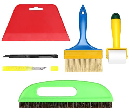 QWORK® Professionelles Tapezierwerkzeug Set für Tapeten, Fensterfolie, Vinyl - Tapetenbürsten, Rakelglätter, Nahtroller, Skalpell und 10 Ersatzklingen