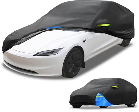 Partuto Copertura Auto Impermeabile Copertura Auto Esterna Completa per Tesla Model 3 210D Tessuto Oxford Nero Blu con Cerniera Porta Protezione da Pioggia Sole Neve per Tutte le Stagioni