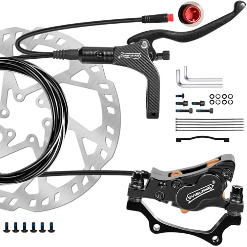 DYISLAND E-Bike Hydraulic Disc Brake Set 4-Pistons/2-Pistons,2-PIN/3-PIN Pre-Bled with Mineral Oil Brakes Kit,Front and Rear Set,180mm 2.3mm Thick Rotors(Black/4-Pistons/2-PIN/R1900mm/Rear brake only)