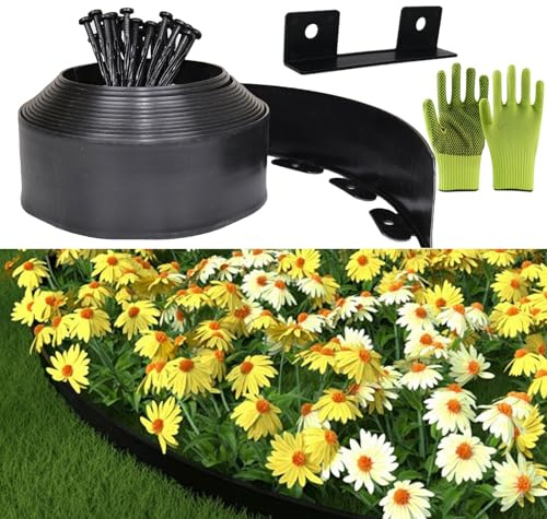 Bordura Giardino Plastica, Recinzione Giardino Esterno 10cmx10m, Include 30 punte di ancoraggio e 1 connettori, con un paio di guanti, Recinzione Decorativa per Giardino (Nero, 10cmx10m)