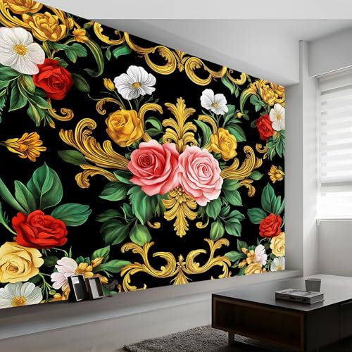 Papel Pintado Flores Barroco Lujo Negro Rosa 300 X 210 Cm(Wxh) Fotomurales No Tejido,Papel Pintado Para Decoración De Pared Moderna - Póster Mural Efecto 3D,Ideal Para Dormitorio