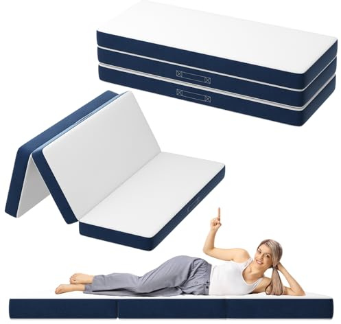 DEWINNER Colchón Plegable Triple, Colchón Versátil para Huéspedes, Espuma 15cm, Funda Lavable a Máquina, Colchón Plegable, Colchón de Viaje con Asa de Transporte, Azul y Blanco