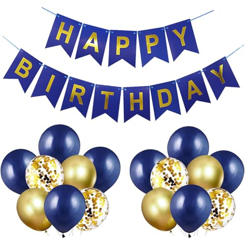 Luftballons Geburtstag Dekoration Set, Marineblau Gold Geburtstagsdeko Happy Birthday deko Banner Set mit Luftballons Konfetti Ballons（NB+GD）