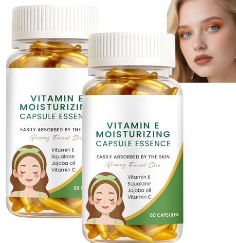 Vitamin E Facial Capsule Essence for Deep Moisturizing & Anti-Aging – 60 Pearls of Squalane & Jojoba Oil Serum – uppljusande och utjämnande ansiktshud vård för torr/känslig hud (2 st)