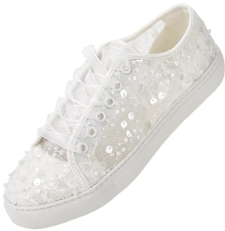 Mrs White 883-8 Dam Bröllop Sneakers Spets Paljett Brudskor Platta Bekväma Andningsbara Casual Skor