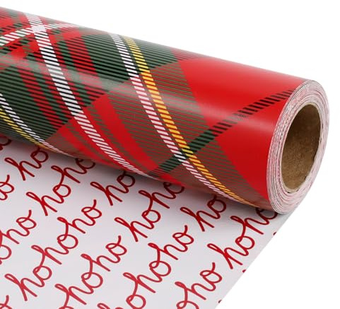 BIOBROWN vändbart julpapper – 43 cm x 10 m (4,3 m²) – röd tartan rutig och HOHO-design. Perfekt för jul, fester och som presentförpackning.