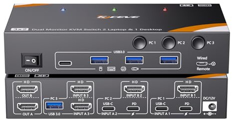 YOUTINGHDAV 4K KVM Switch 3 PC 2 Monitores USB-C HDMI, USB 3.0 Dual Monitor KVM Switch para 2 Portátiles 1 Escritorio Compartición 4 Dispositivos Teclado Ratón Ratón 100W PD, 4K @60Hz, Fuente de