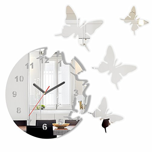 FLEXISTYLE Moderno Reloj de Pared con Espejo de Mariposa, Redondo, 30 cm, 3D DIY, salón, Dormitorio, habitación Infantil
