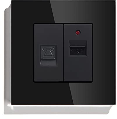 BSEED TL+USB Glass Panel Single Telephone Wall Socket and Single USB Charging Power Outlet Black