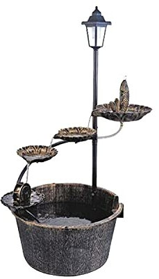 Livingshire Garden Water Feature Fountain with Pump | Solar Waterfall Lamp Post Light | Garden Ornament Fountain | 4 Lotus Leaves |