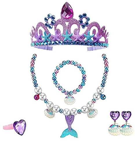 6 Piezas Conjunto Corona Sirena, Niña Set de Joyas Sirena, Juego de Pulsera Niña, Juego Joyas Corona Sirena, con Corona, Collar, Pendientes, Pulsera, Anillo, Decoración de niñas para fiesta y baile