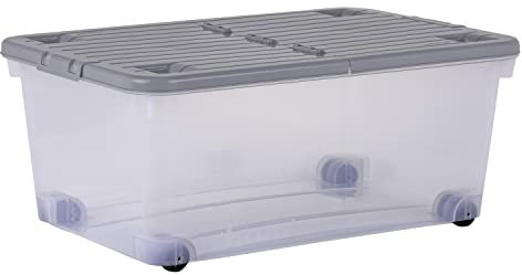 Wham Set of 5 45L Plastic Storage Box with Wheels & Folding Lid Clear/Cool Grey