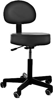QUIRUMED Taburete con Respaldo, elevación a Gas, con 5 Ruedas, Color Negro, tapizado en Polipiel, Relleno de Alta Densidad, Altura Regulable, hasta 135 kg