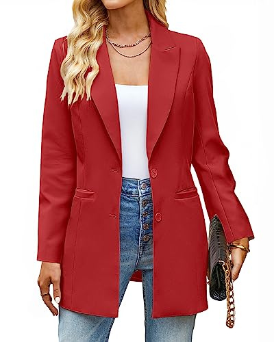 luvamia Blazers for Women Business Casual Long Blazer Jackets Dressy Work Professional Office Outfits Lapel Pockets Dressy Jackets for Women Fashion Clothing Haute Red Size Medium Size 8 Size 10