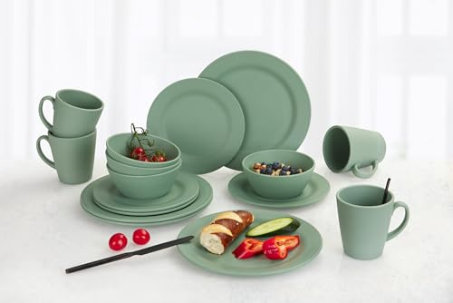 BERGER Kynne Geschirrset aus Kunststoff 16-tlg | Leicht und Unzerbrechlich Camping Geschirr Set, Teller, Schüsseln, Tassen, Tafel-Service für 4 Personen – Wiederverwendbar (Grün)