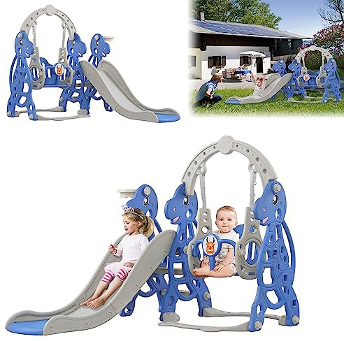 ACXIN 4-in-1 Kinderrutsche, Spielzeugrutsche mit Kletterleiter, Schaukel und Basketballkorb, 175 x 140 x 120cm, Bis 50kg, Multifunktionales Spielplatzset für Kinder von 1-5 Jahren.