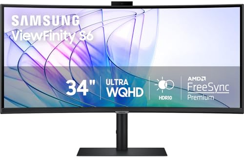Samsung 34-Inch ViewFinity S65VC Series Ultra-WQHD Curved Computer Monitor, 100Hz, AMD FreeSync, HDR10, USB-C, Built-in Speaker, Camera, KVM Switch, Eye Care, Eco-Packaging, LS34C650VANXGO, Black