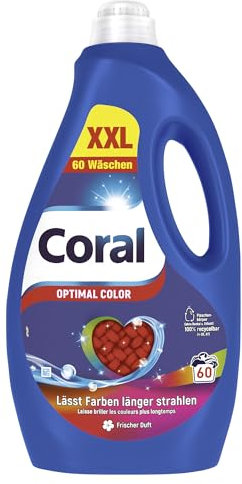 Coral Colorwaschmittel Optimal Color XXL Flüssigwaschmittel für länger strahlende Farben mit Farbpflege-Kraft natürlicher Herkunft 60 WL (Packung mit 2)
