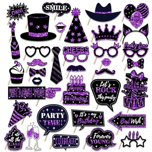 36 PCS Birthday Photo Booth Props Party Supplies Holiday Picture Decorations Photo Booth Props for Birthday Party Favors Pose Sign Kit Fun for Party (Purple and Black)
