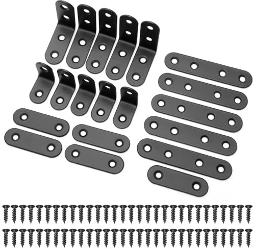 10 Pezzi Staffe Angolari e 10 Pezzi Staffe Piatte Lunghe e Diritte, Piastre di Giunzione in Metallo in Acciaio Inossidabile con 60 Viti per Legno, Scaffali, Mobili, Finestre e Armadi, Nero