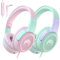 RockPapa Share - Lot de 2 écouteurs pour enfant - 85 dB/94 dB - Limitation du volume - Avec microphone, fonction de partage - Pliable - Pour l'école, les voyages - Vert violet et rose