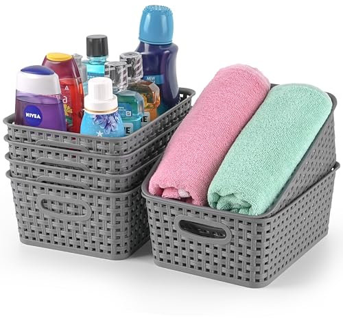 Winter Shore Plastik Korb Aufbewahrung (6er-Pack) in Grau - Korb Regal mit Griffen - Aufbewahrungskorb Bad - Aufbewahrungskorb Küche & Speisekammer - Kleine Körbe Aufbewahrung - Korb Badezimmer