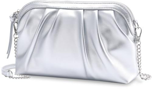 VASCHY Bolso Plata Mujer Fiesta, Clutch Plateado de Noche Plisado, Bolso de Mano con Cadena Desmontable, 24 x 5 x 16,5 cm
