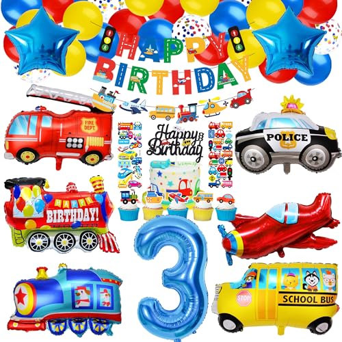 Transportation 3rd Birthday Decorations Boy - Transport Vehicle Themed Party Set Includes Banner Cake Topper Stickers Latex Train Plane Fire Truck Balloons for 3 Year Old Boys Cars Party Supplies