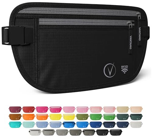 Vantamo Bauchtasche Damen Ultraflach mit RFID-Schutz, Geldgürtel für Reisen mit 2 Fächer und Verstellbarem Gurt, Hüfttasche Herren für Laufen und Wandern Passt für Reisepass, Bargeld und Telefon