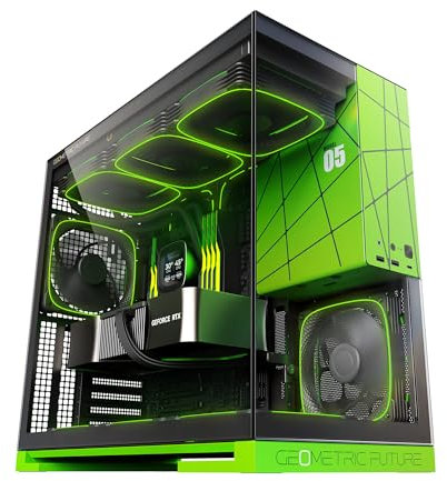 Geometric Future M5 Tempered Glass Mid Tower, E-ATX/ATX Gaming Case, 1.2mm Steel, Type C, Toolless Panels, Support 420/360 Radiator, ARGB PWM 140m fan x 5 Pre-Installed, Black/Green, GEO-M5F-BNY