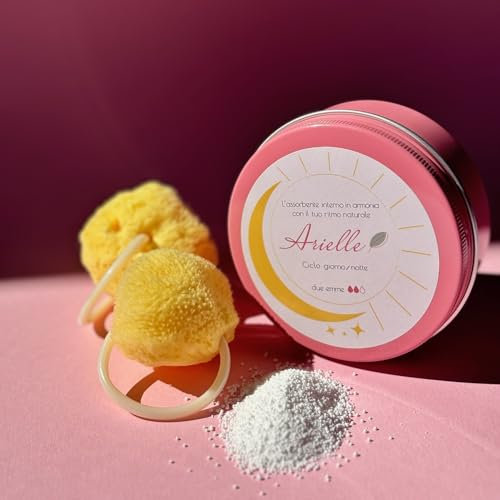 ARIELLE SPUGNA MESTRUALE - alternativa ai tamponi e coppette: assorbente interno naturale, lavabile e riutilizzabile con contenitore, 2 spugne e percarbonato per igienizzazione (S)