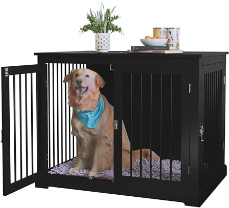 HOLTICO Large Dog Crate Furniture with Washable Cushion, Wooden Dog Crate Top End Table with 3 Doors, Black Dog Cage for Large, Medium, Small Dogs
