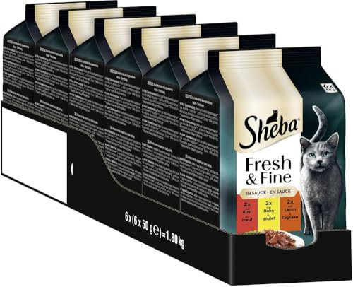 Sheba Portionsbeutel Katzennassfutter Multipack Fresh & Fine in Sauce mit Rind und Huhn, 6x6x50g - Premium-Katzenfutter in Sauce, ideal für Ihre Katze