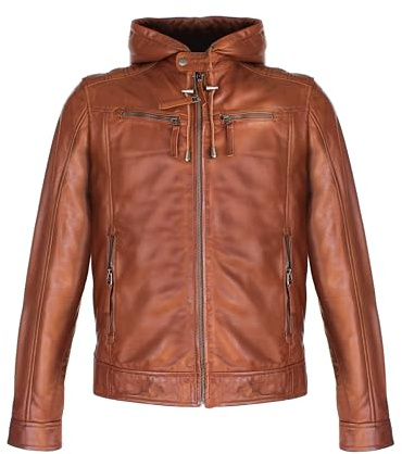Zerimar Chaqueta hombre - Chaqueta de cuero hombre - Cazadora piel hombre - Chaqueta hombre piel - Chaqueta Con Capucha para Hombre - Cazadora hombre invierno - Color Tan -Talla L