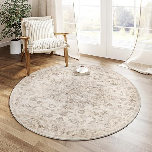 HUGEAR Vintage Beige Waschbarer Teppich Rund 120cm Runder Wohnzimmer Schlafzimmer Rutschfester Tepich Kurzflor Schlafzimmer Carpet Living Room Bedroom Esszimmer Teppiche Büro