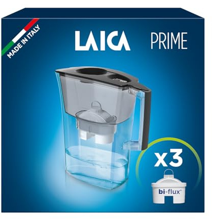 LAICA Prime Line Water Filter Jug & 3 bi-flux Water Filter Cartridges Black 3L - Digital Timer, Easy Fill Design, BPA Free, Dishwasher Safe - Preserves Minerals, Removes Impurities - Made in Italy